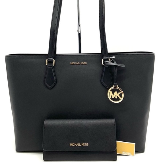 Michael Kors Bag Large Sheila Mf Tote Bag & Large Trifold Wallet Black/Gold - Picture 1 of 14